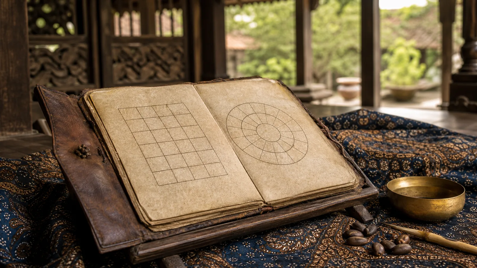 爪哇木廊中的無字占書、皮革書封、蠟染布、種子與黃銅碗