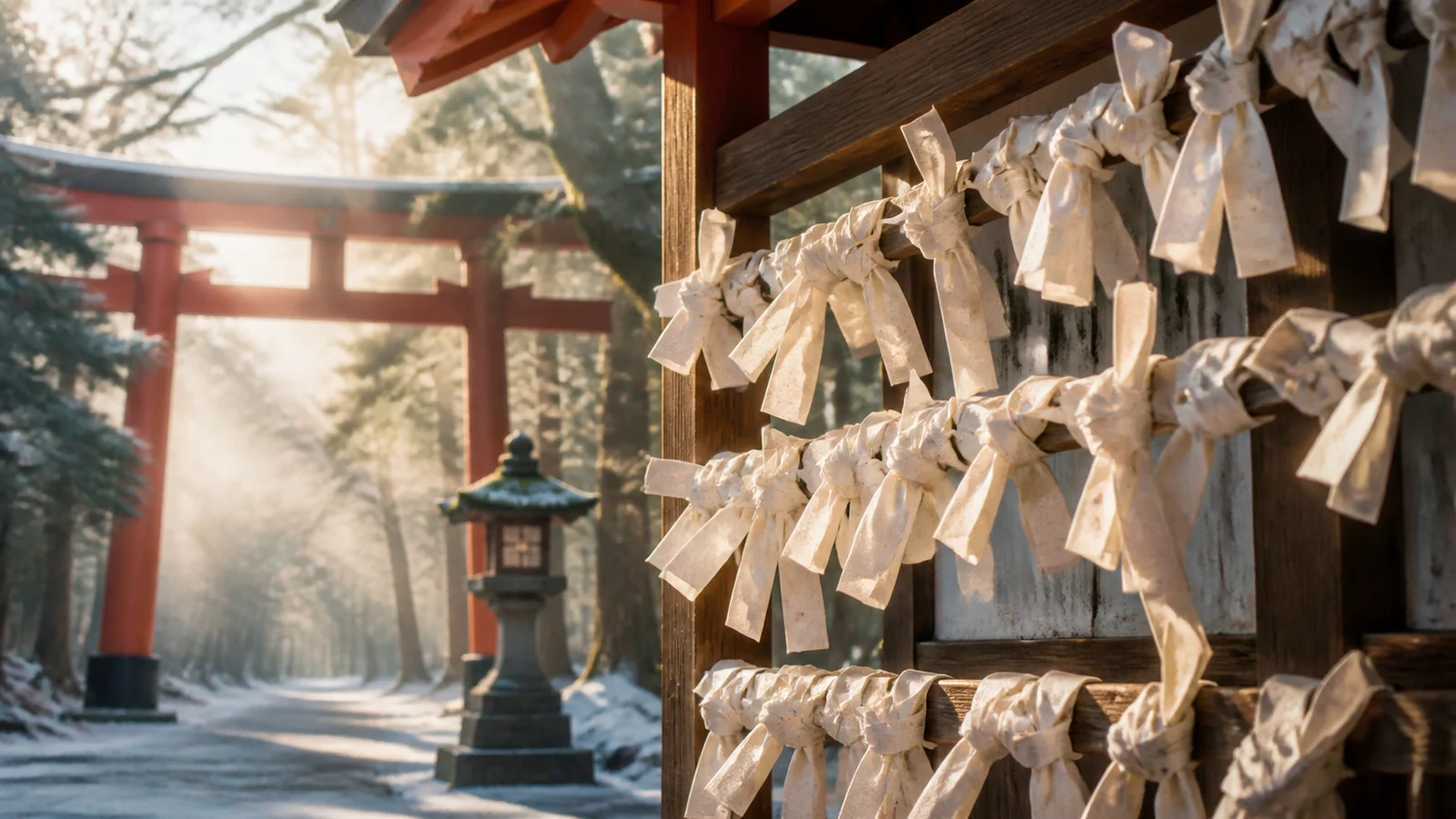清晨日本神社中綁在木架上的白色御神籤